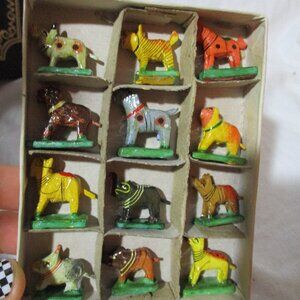 Set 12 Vintage Tiny Mini Handmade Animal Figurine Hand Painted Papier Mache Prim